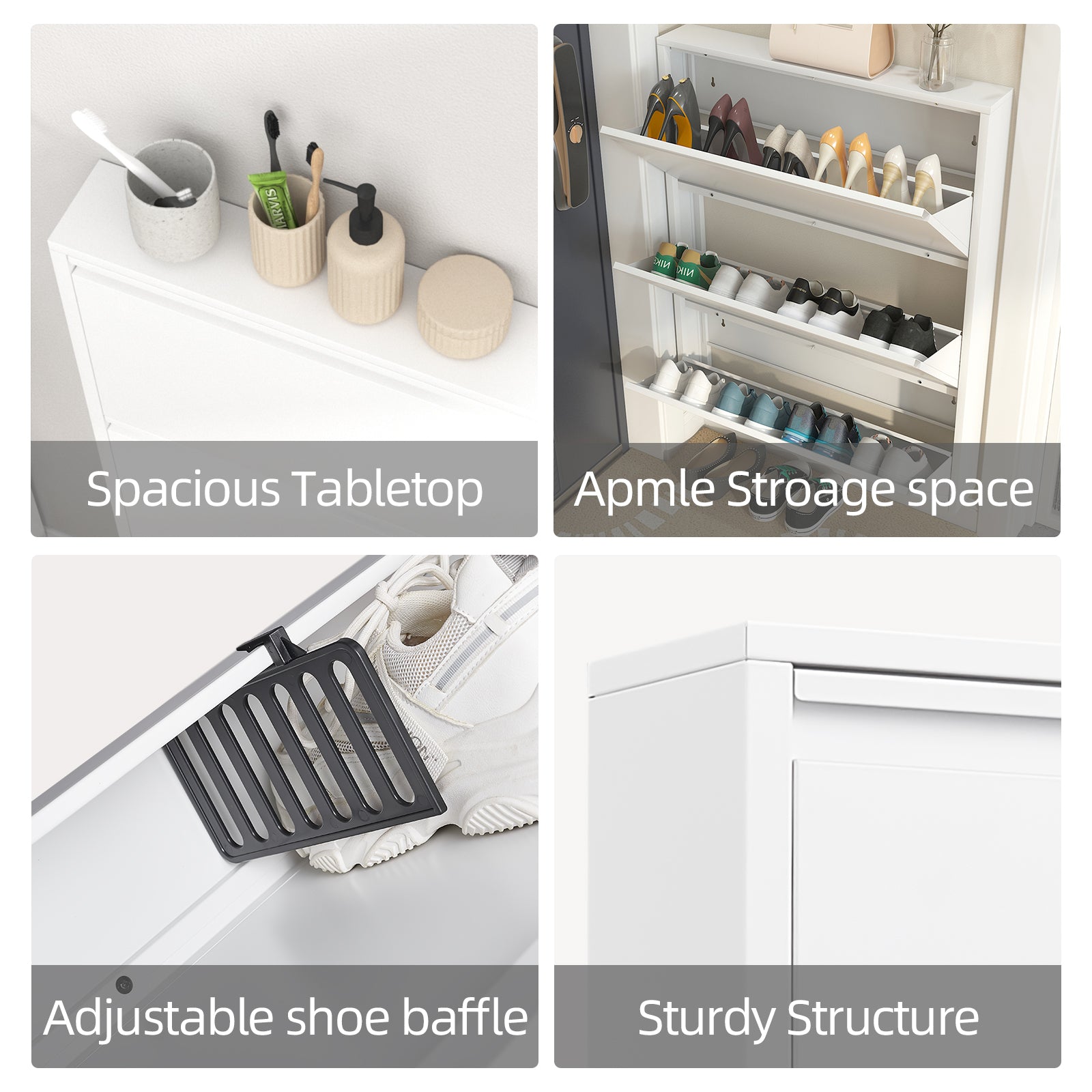 Metal Shoe Cabinet with 3 Flip Drawers, Wall Mounted Shoe Organizer, Narrow Slim Hidden Shoe Rack for Entryway,White image 4