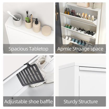 Metal Shoe Cabinet with 3 Flip Drawers, Wall Mounted Shoe Organizer, Narrow Slim Hidden Shoe Rack for Entryway,White image 4