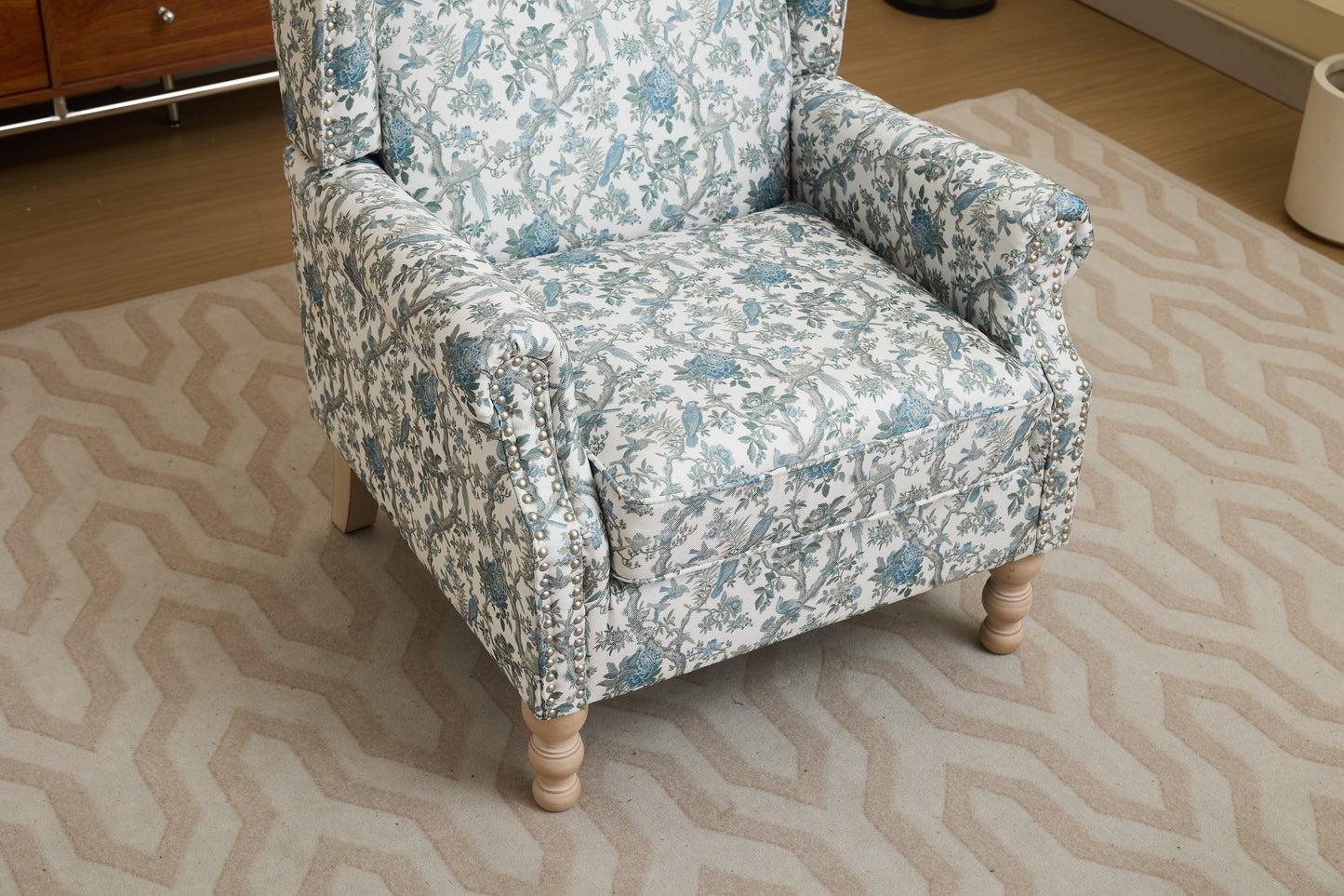 Modern Accent Chair with Retro Wood Legs, Comfy Upholstered Armchair, Floral Design Single Sofa Chair for Living Room Bedroom Office - Blue Bird image 5