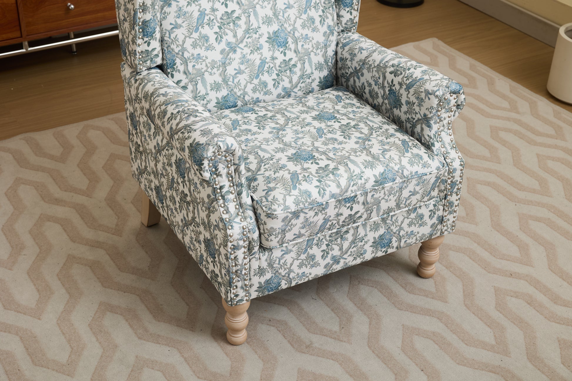 Modern Accent Chair with Retro Wood Legs, Comfy Upholstered Armchair, Floral Design Single Sofa Chair for Living Room Bedroom Office - Blue Bird image 5