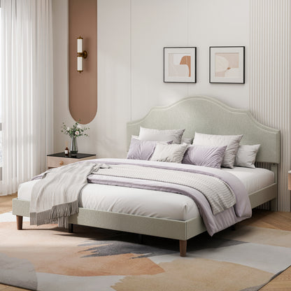 King Size Bed Frame Upholstered Platform Bed with Adjustable Headboard,Linen Fabric Padded,Modern Simple Style Platform Bed No Box Spring Needed, Easy Assembly, Beige image 4