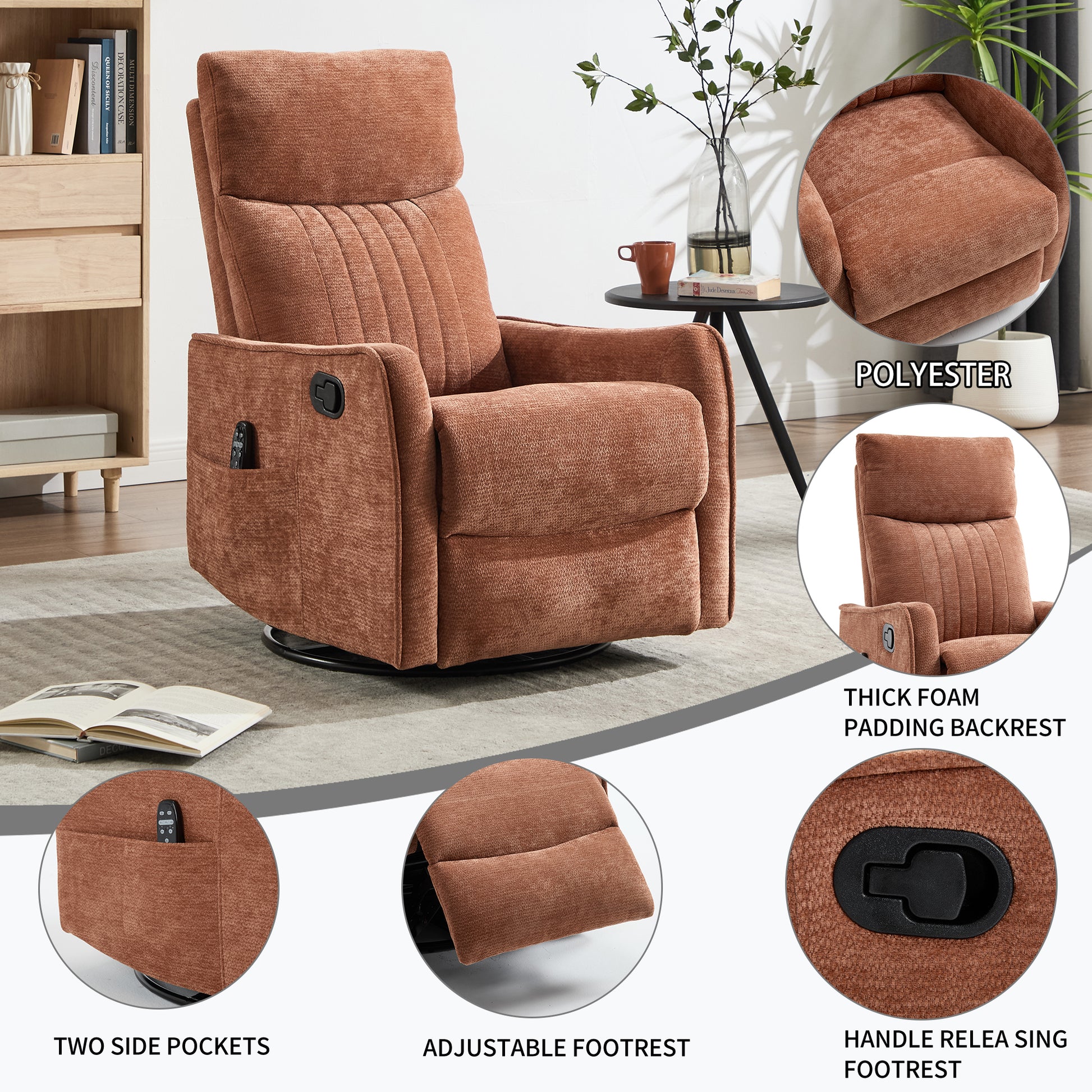 Orange Heat Massage Manual Recliner Chair with Rocker and Swivel in Fabric for Living Room image 10