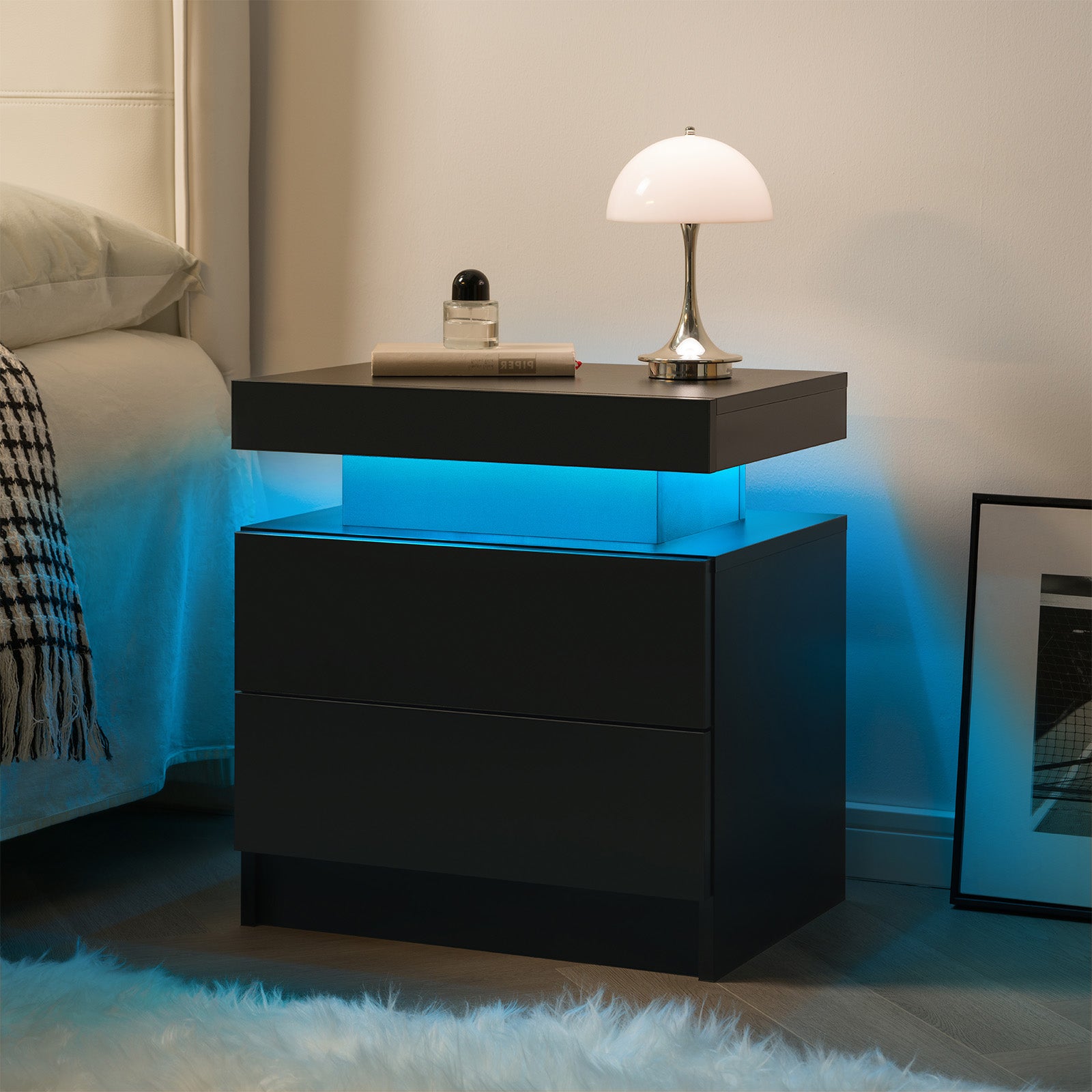 Nightstand LED Bedside Table Cabinet Lights Modern End Side with 2 Drawers for Bedroom (Black) image 2