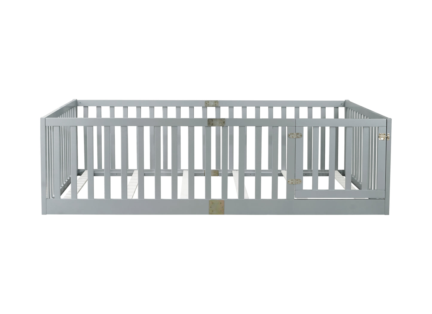 Full Size Floor Bed with High Fence Railings, with Door,6 Slats Included, Rubber Wood Floor Bed with Safety Guardrails,Grey image 10