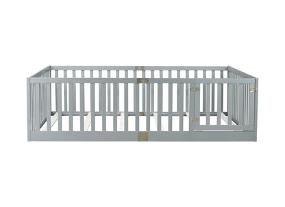 Full Size Floor Bed with High Fence Railings, with Door,6 Slats Included, Rubber Wood Floor Bed with Safety Guardrails,Grey image 10