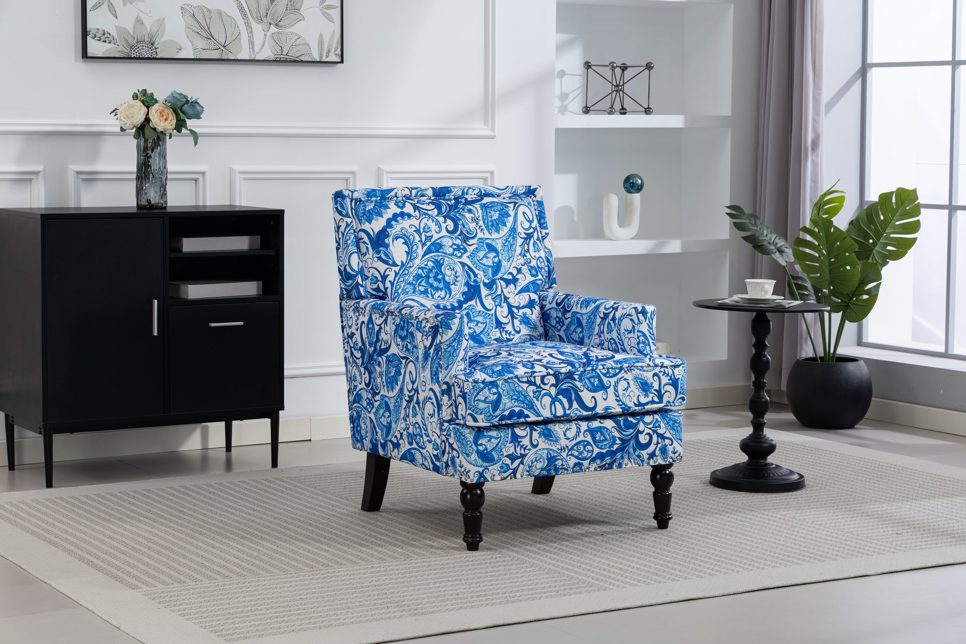 Upholstered Accent Chair, Vintage Armchair with Blue and white porcelain print Linen Fabric and Nailhead Trim for Living Room image 3