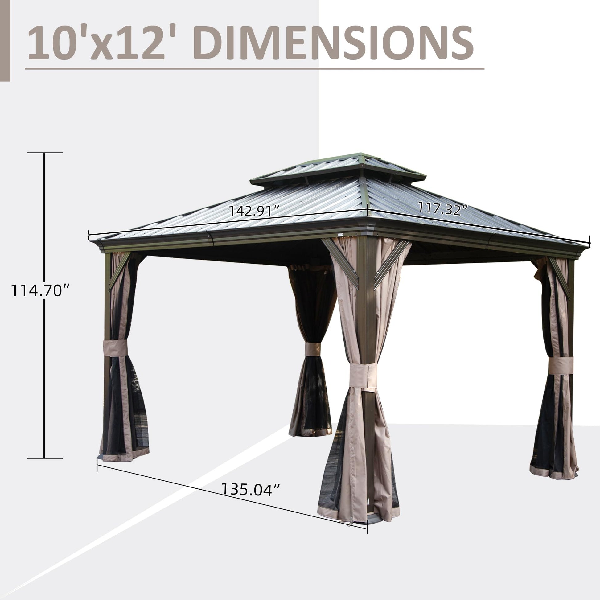10' x 12' Hardtop Gazebo Permanent Metal Gazebo with Galvanized Steel Double Roof, Curtains and Netting for Party, Wedding, Outdoor Dining, Patio, Backyard, Brown image 3