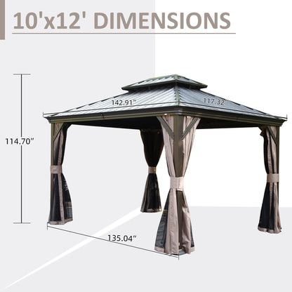 10' x 12' Hardtop Gazebo Permanent Metal Gazebo with Galvanized Steel Double Roof, Curtains and Netting for Party, Wedding, Outdoor Dining, Patio, Backyard, Brown image 3