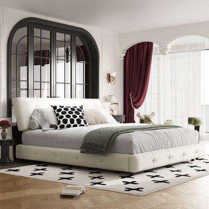 King Size Bed Frame,Tufted Headboard with Extra-Large Ultra-Soft Cloud Pillow Design,Chenille Platform Bed with Metal and Wooden Slats Double Support,Solid and Stable,Noise-Free,Beige/White image 2