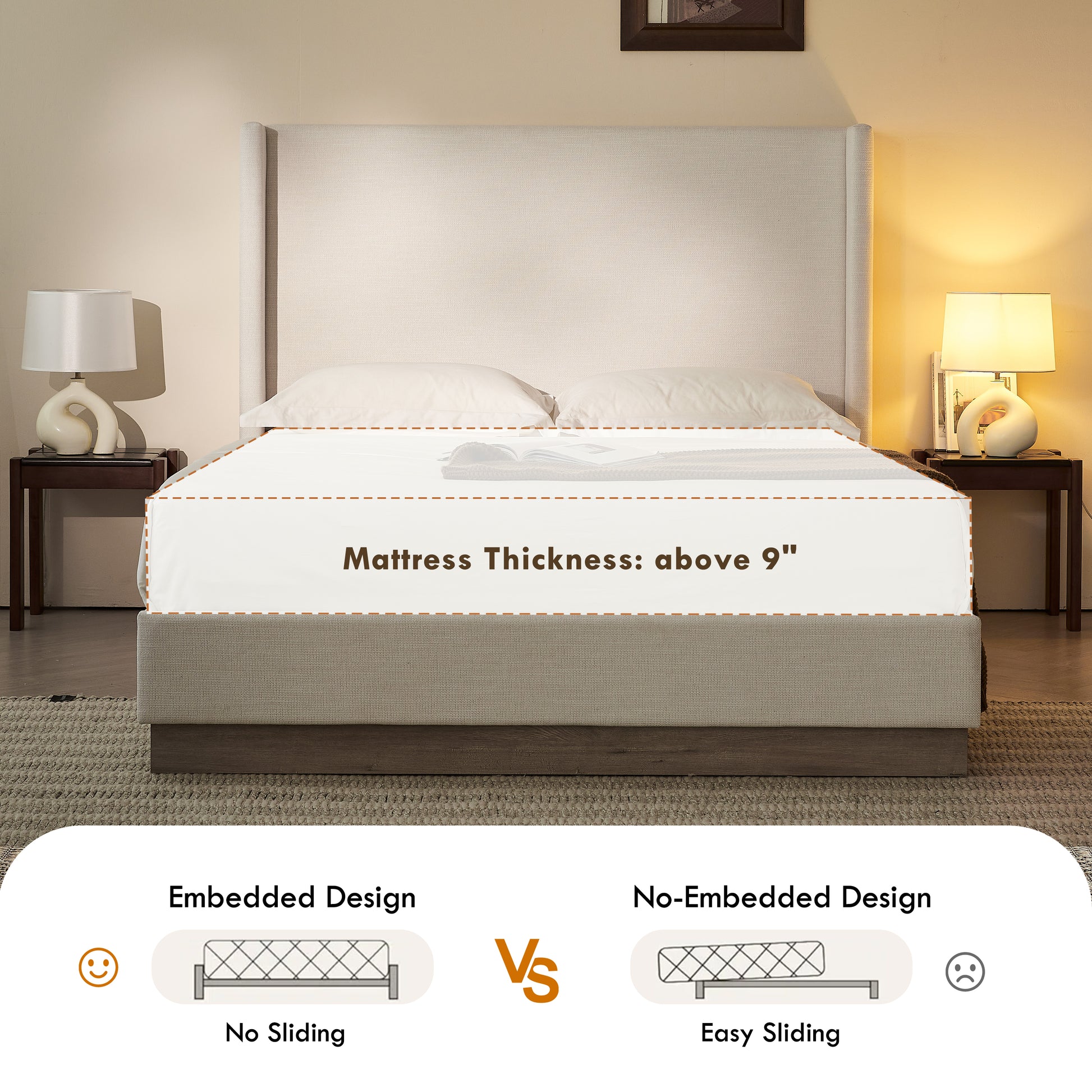 Hosford Upholstered Wingback Bed / Upholstered Wood Base Platform Bed / 52.5" High Headboard / Minimalist / Rusticity / No Box Spring Needed / Queen / Textured Ivory Canvas / No Noise image 5