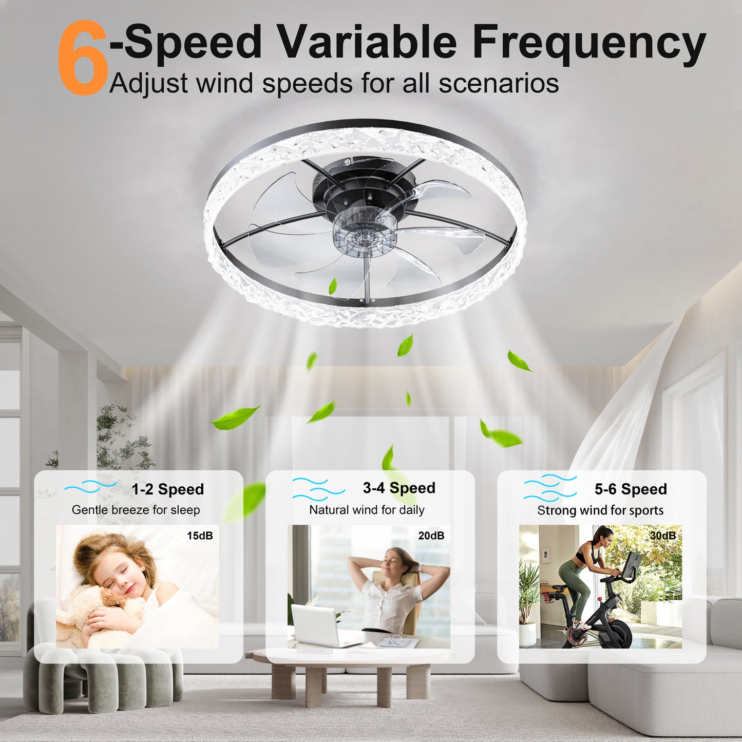 23.6" Ceiling Fans with Lights Remote and APP Control, Dimmable 3-Color and 6-Speed quiet DC Motor, BLACK Ceiling Fan for Bedroom Living Room image 4