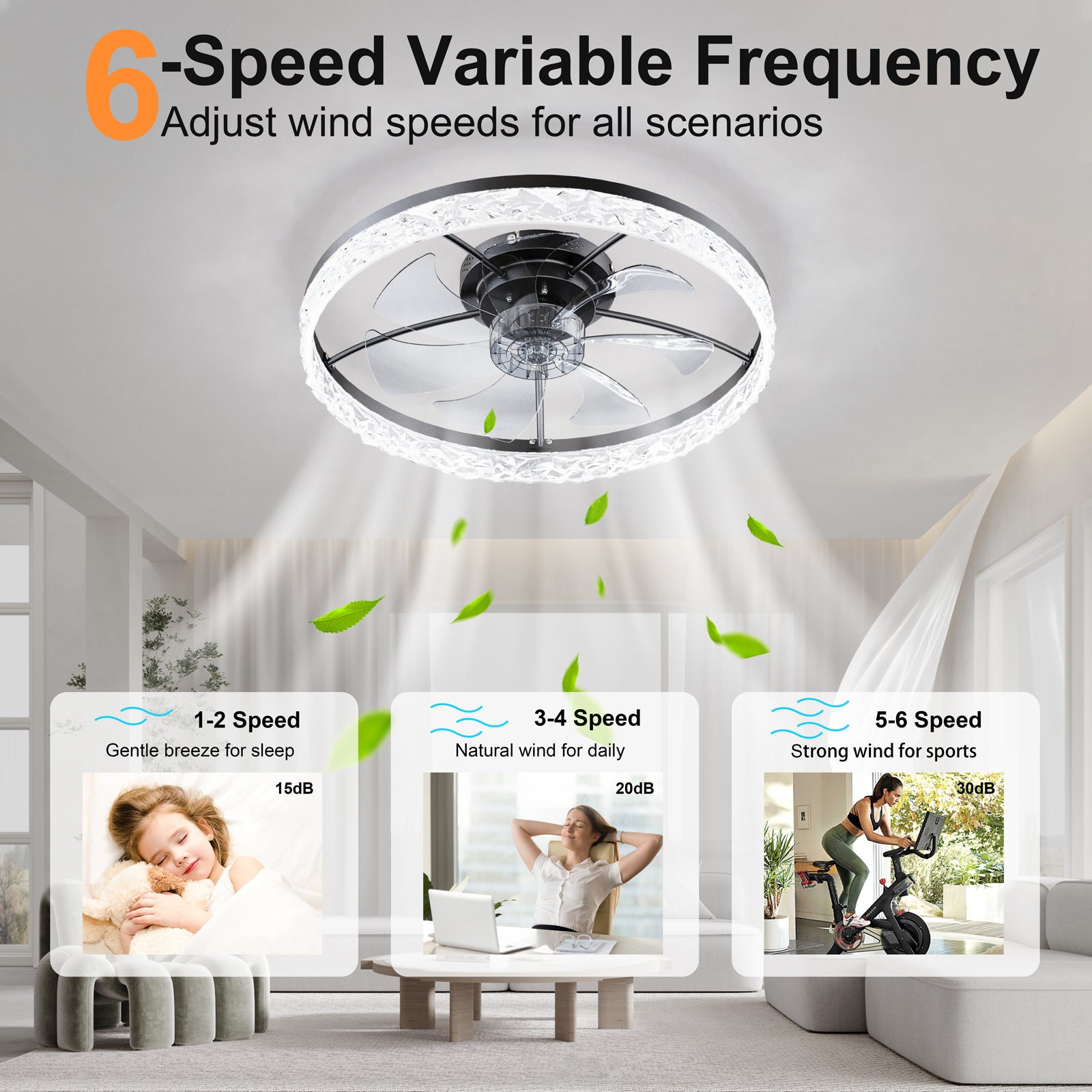 23.6" Ceiling Fans with Lights Remote and APP Control, Dimmable 3-Color and 6-Speed quiet DC Motor, BLACK Ceiling Fan for Bedroom Living Room image 4