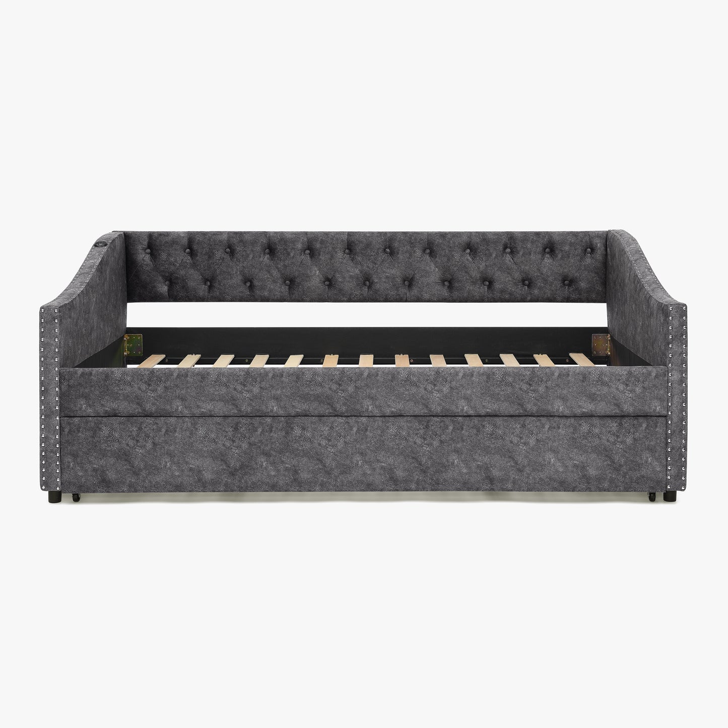 Twin Size Daybed with USB Charging & Pull-out Extendable Bed, with Button on Back and Copper Nail on Waved Shape Arms (81"x42"x30.75") image 10
