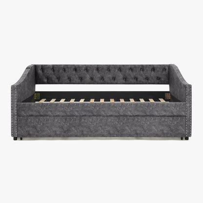 Twin Size Daybed with USB Charging & Pull-out Extendable Bed, with Button on Back and Copper Nail on Waved Shape Arms (81"x42"x30.75") image 10