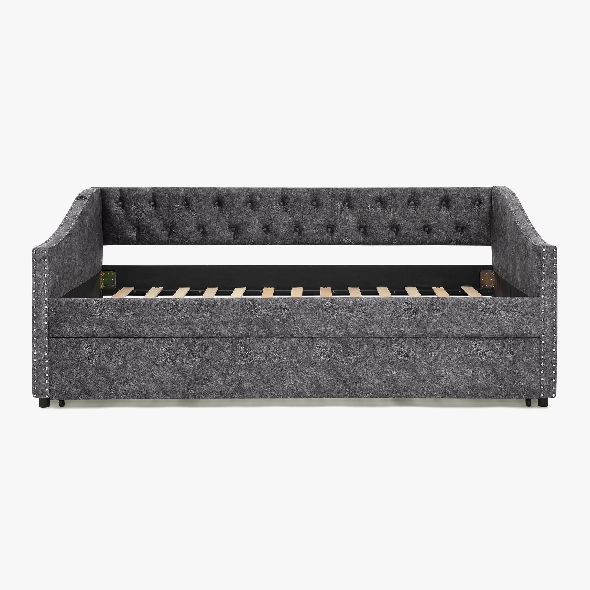 Twin Size Daybed with USB Charging & Pull-out Extendable Bed, with Button on Back and Copper Nail on Waved Shape Arms (81"x42"x30.75") image 10