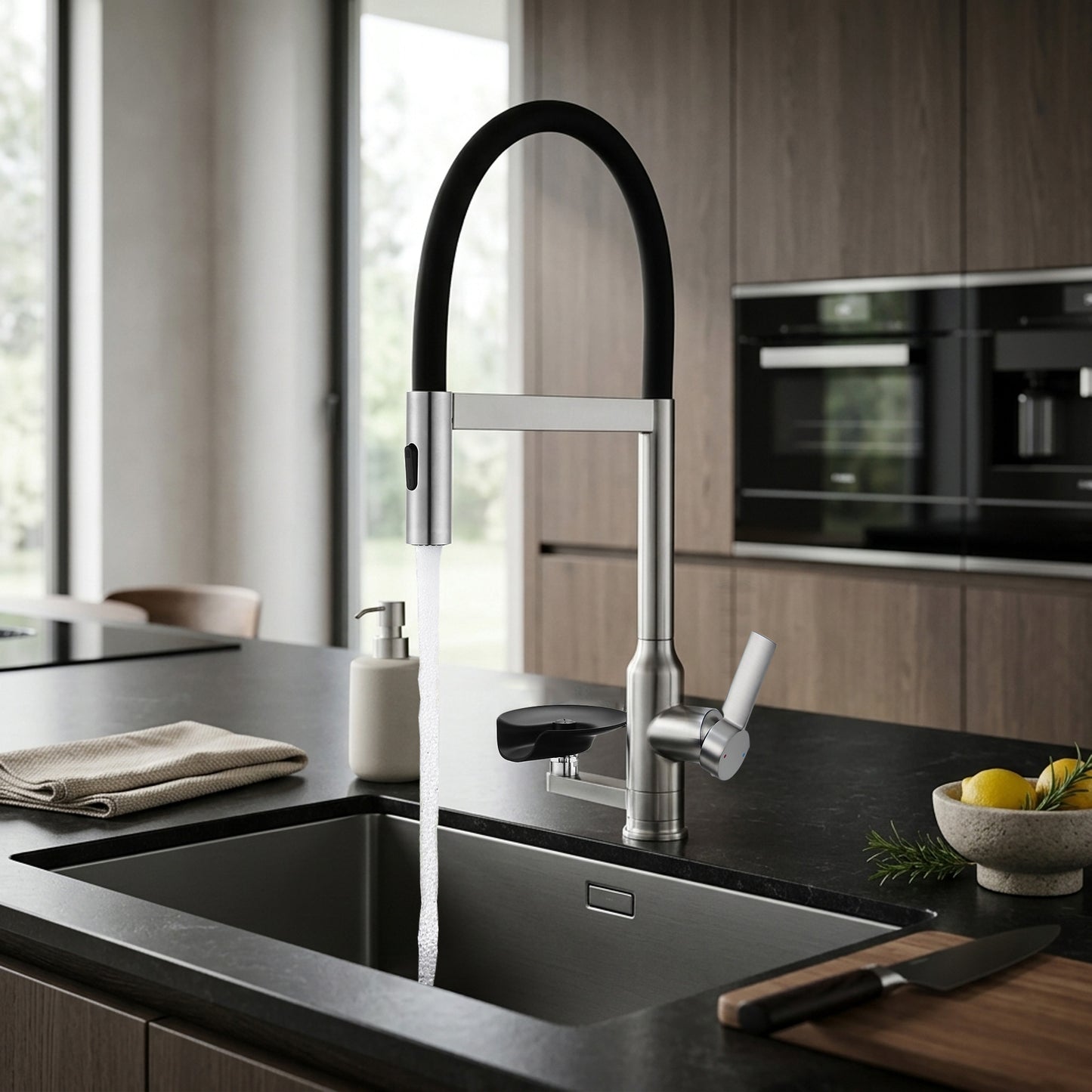 Brushed Nickel Kitchen Faucet with Magnetic Pull Out Sprayer, 360 Degree Swivel Single Handle High Arc Kitchen Sink Faucet with Glass Rinser image 2