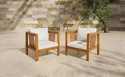 Set of 2 Outdoor Acacia Wood Club Chairs with Modern Square Arms, 2-Piece Patio Conversation Set with Thick Cushions, Adjustable Leveling Feet for Poolside, Backyard & Deck, Beige Cushions image 9