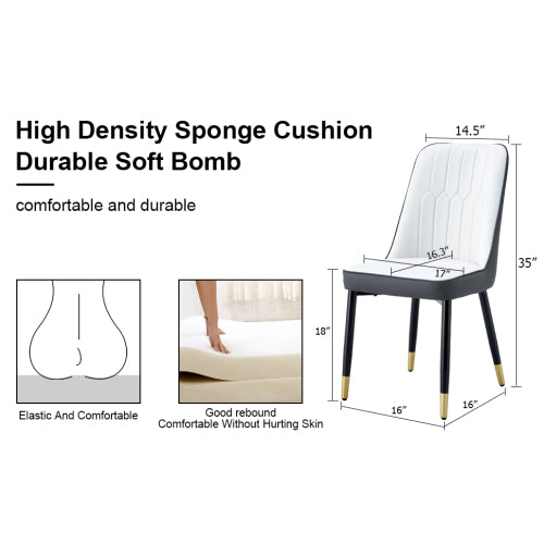 A modern dining chair with a white dark gray dual tone PU leather backrest and black metal legs, suitable for kitchens, bedrooms, and offices. A set of 2 pieces (white+dark gray+PU)C-007 image 4