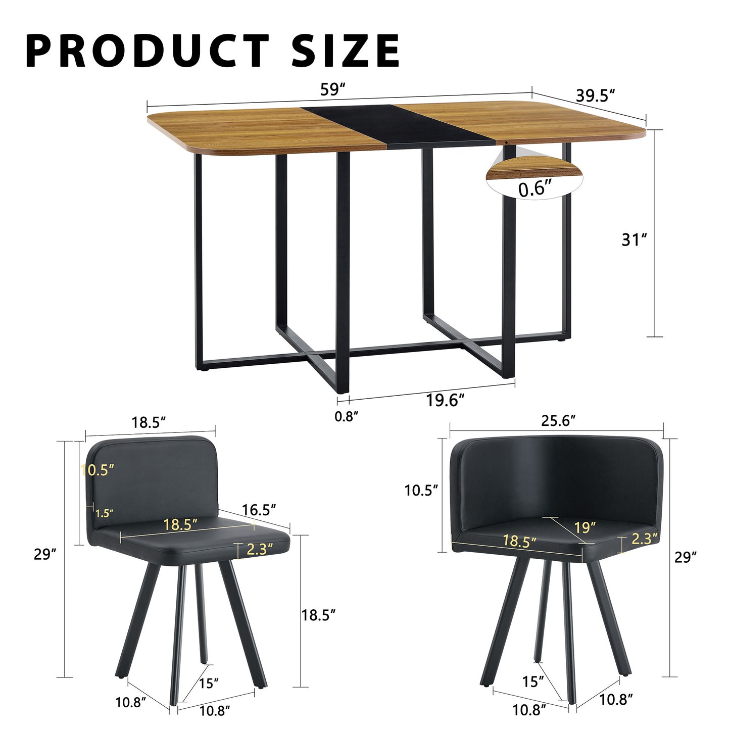 7-Piece Rectangular Dining Table Set, Fixed Two-Tone Wood Grain & Black Triamine Tabletop with 6 Black PU Leather Chairs, Modern Kitchen Table Set for 6 People, Ideal for Small Spaces, Apartment image 6