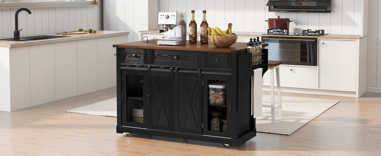 K&K 58" Farmhouse Kitchen Island with Storage, Sliding Barn Door & Metal Grid Side Door, Rolling Kitchen Island on 5 Wheels with Spice Rack, Glass Holders,Island Table with Drop Leaf for Kitchen,Black image 5