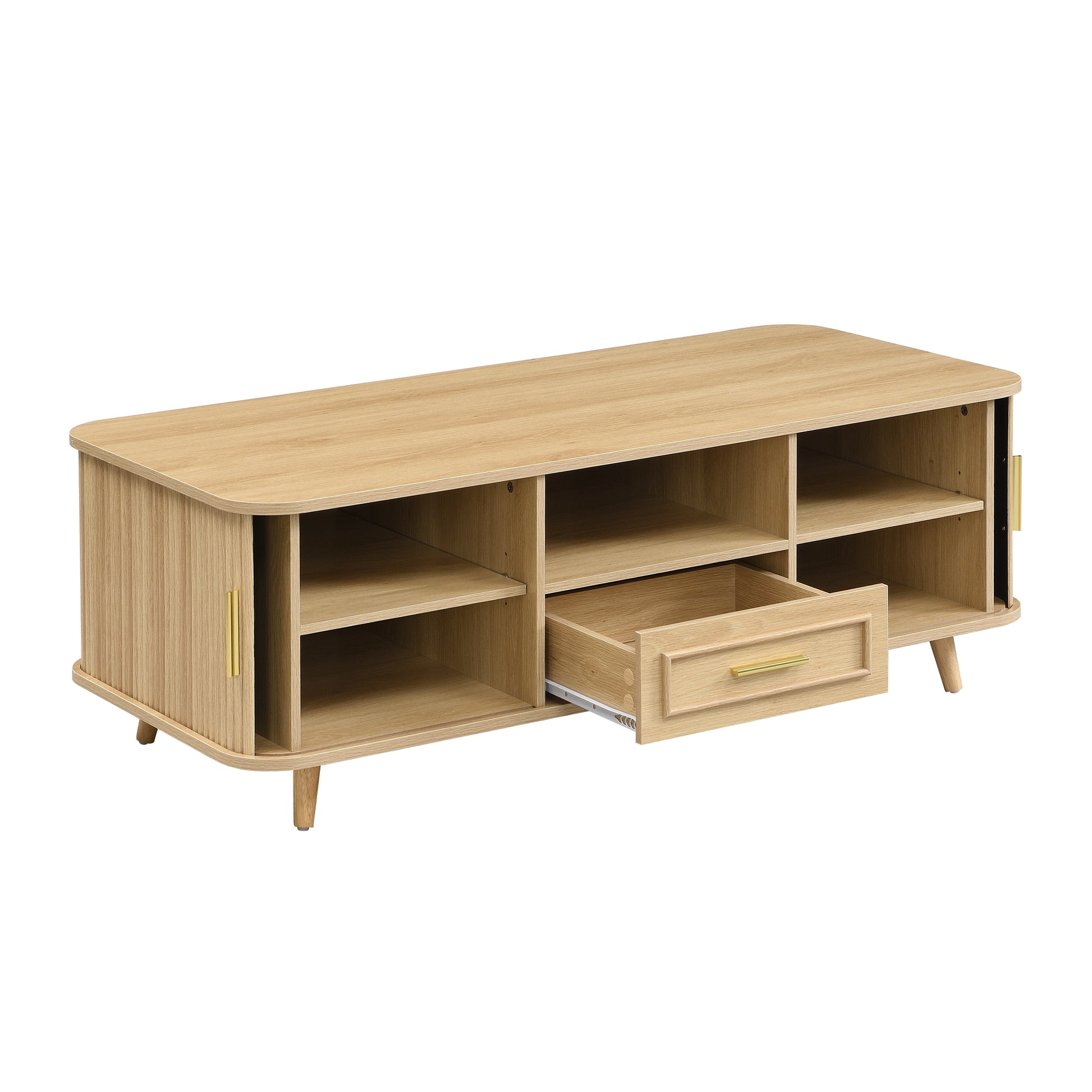 Mid-Century Modern Coffee Table with Storage: Natural Wood Finish, 2 Doors & 1 Drawer, For Living Room, Entertainment Center, Home Theater image 6