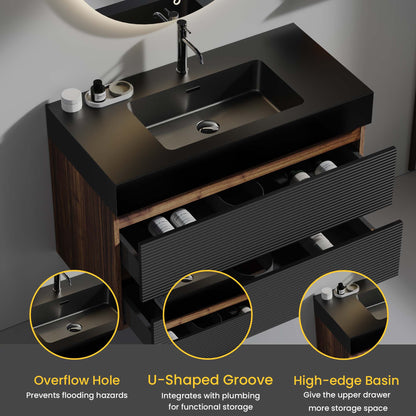 Grace 36" Walnut Bathroom Vanity with Matt Black Engineered Quartz Sink and Soft Black Drawers, Wall Mounted Floating Bathroom Vanity for Modern Bathroom, without drainage and faucet, KD image 2
