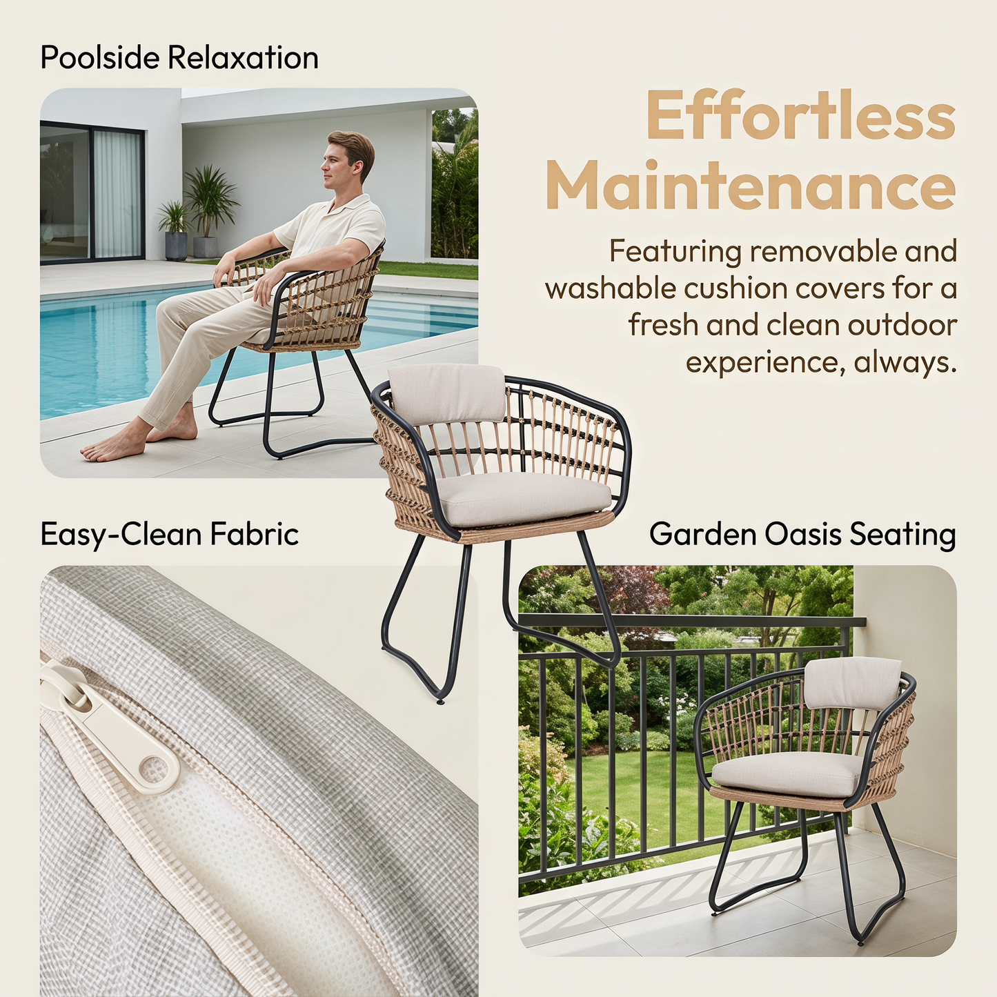 Outdoor Wicker Dining Chairs Set of 2, Patio Dining Chairs with Cushions, Rattan Dining Armchairs for Lawn, Garden, Poolside, Backyard, Porch, Beige image 4