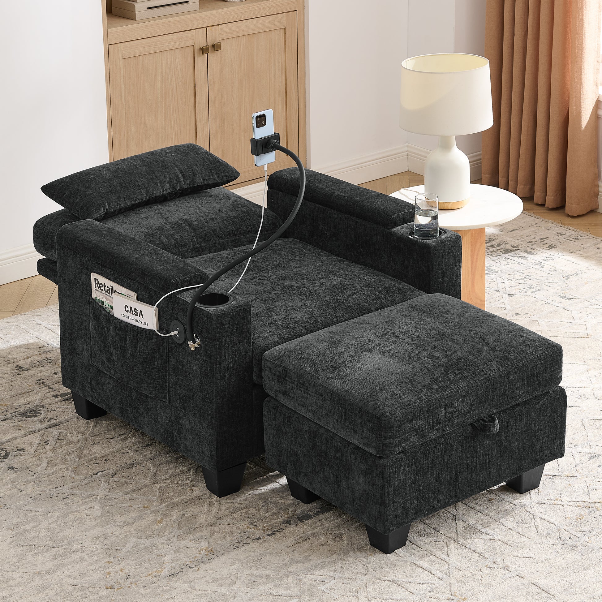 Single sofa recliner with manually adjustable backrest, USB charging port on the armrest side, phone stand included, hidden armrest storage, and a matching storage ottoman-Black image 3