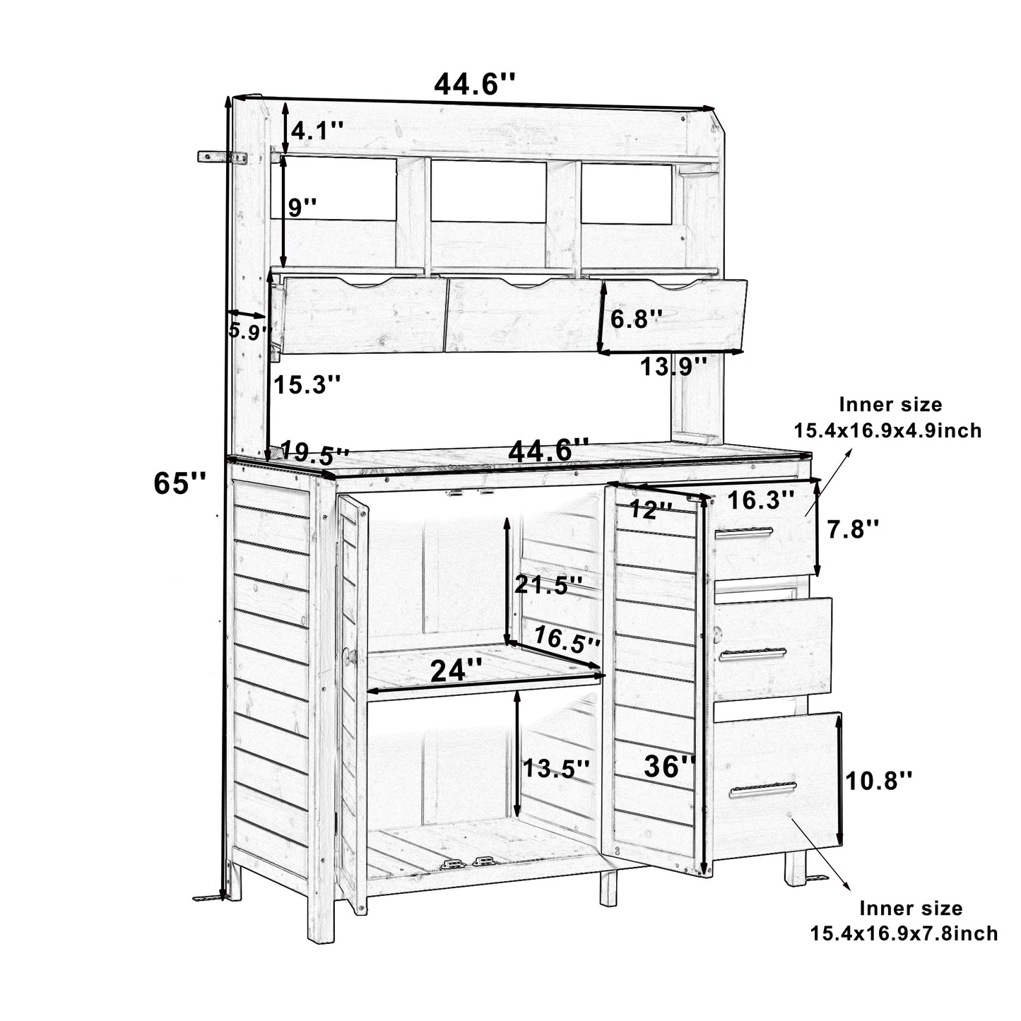 (With Assembly Video) TOPMAX Farmhouse Patio Potting Bench, 44.6''x19.5'' Large Freestanding Garden Workstation with 6 Drawers, Bottom Cabinet and Side Hook, Outdoor Kitchen Island, Gray image 7