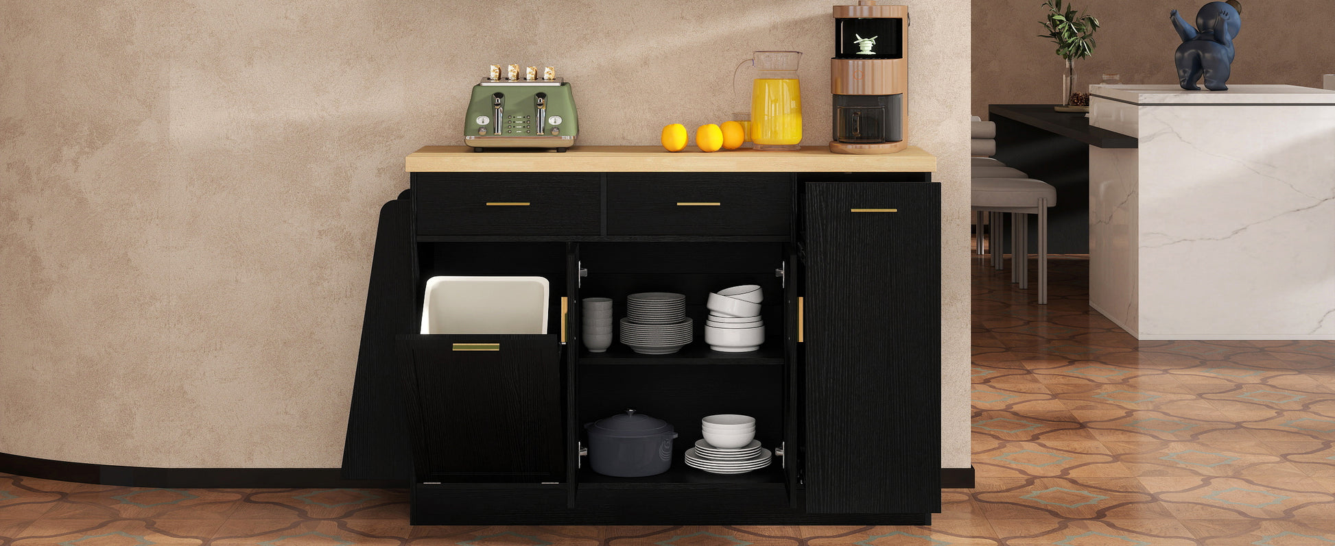 TREXM Multi-Functional Storage Sideboard, Trash Can Storage, Sliding Door Cabinet & 3-Tier Spice Rack,Kitchen Island Table for Kitchen, Dining Room (Black) image 6