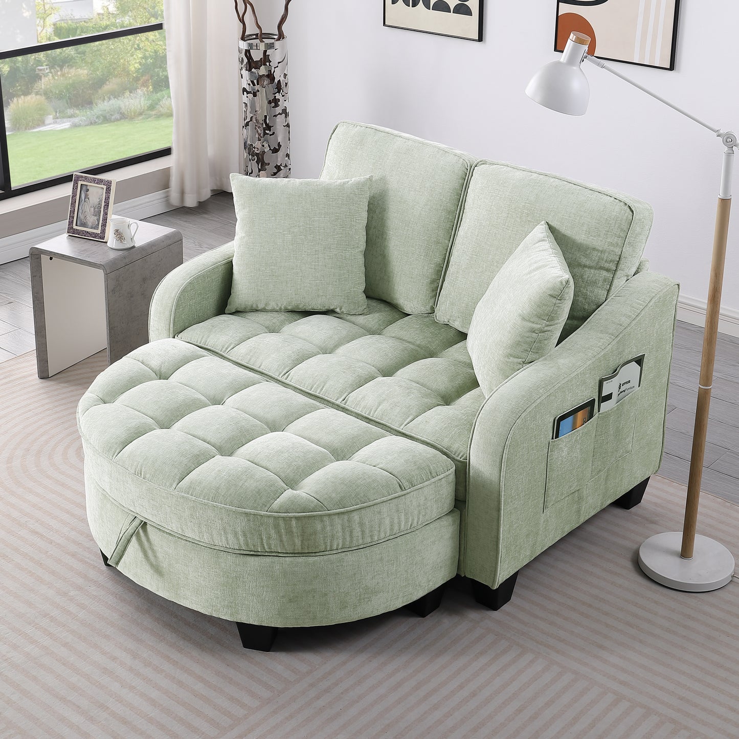 Two-seater sofa, double sofa chaise longue, with irregular armrests and backrests, footrest with storage space, comes with two small throw pillows, suitable for living room and bedroom - Cyan image 1