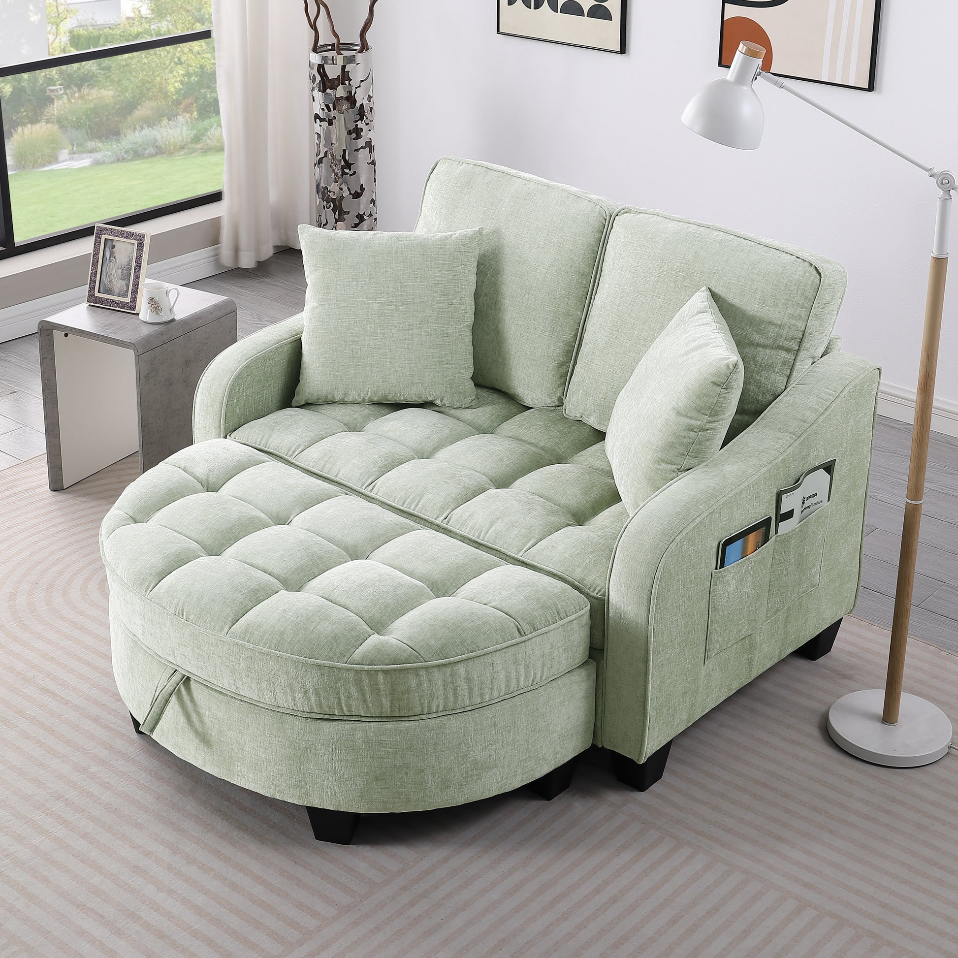 Two-seater sofa, double sofa chaise longue, with irregular armrests and backrests, footrest with storage space, comes with two small throw pillows, suitable for living room and bedroom - Cyan image 1