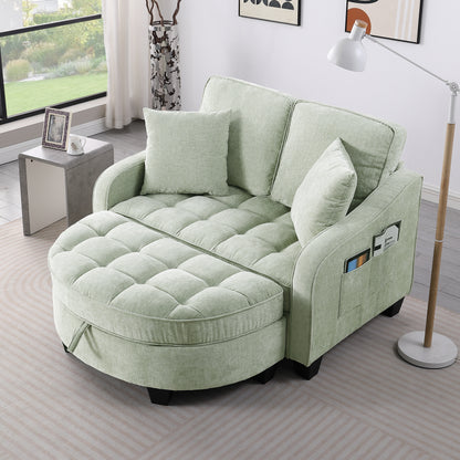 Two-seater sofa, double sofa chaise longue, with irregular armrests and backrests, footrest with storage space, comes with two small throw pillows, suitable for living room and bedroom - Cyan image 1