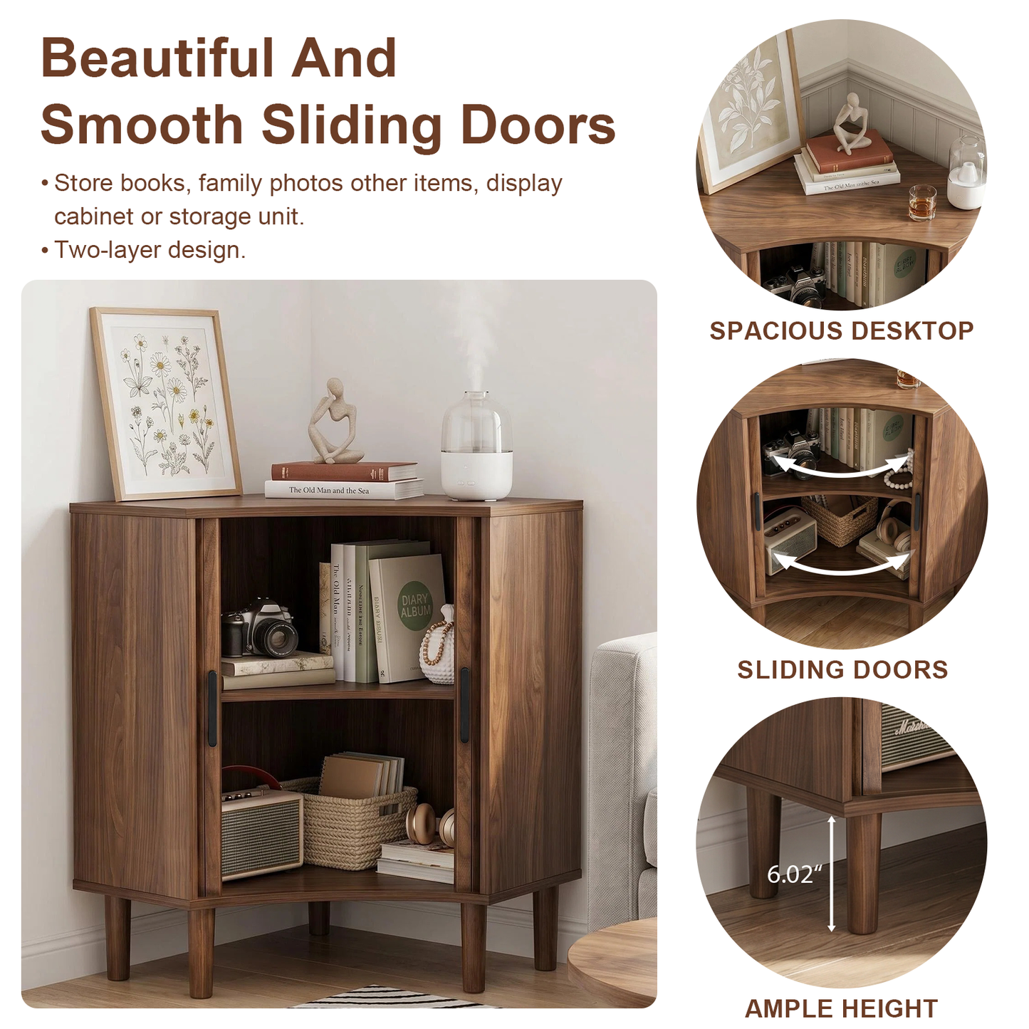 Fluted Corner Cabinet, Small Corner Floor Cabinet with Sliding Doors and Adjustable Shelves, Modern Wooden Freestanding Narrow Storage Cabinet for Small Space,Living Room,Dining Room,Bathroom, Walnut image 2