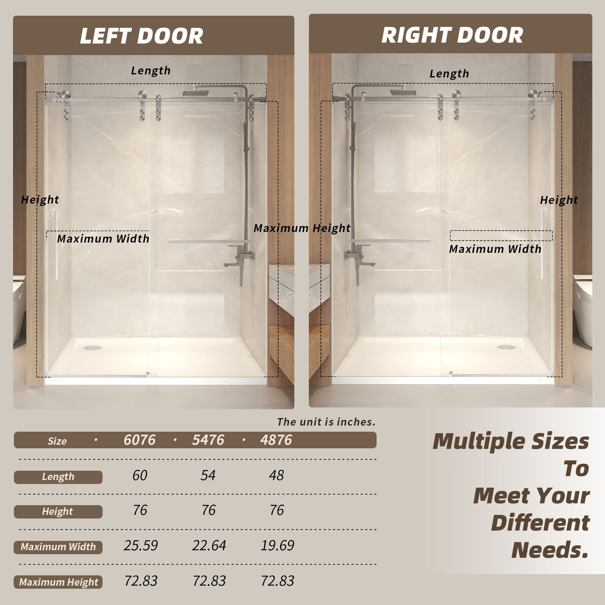44-48" x 76" H Frameless Sliding Shower Door, 5/16" (8mm) Clear Tempered Glass, Stainless Steel Frame,Brushed Nickel image 10