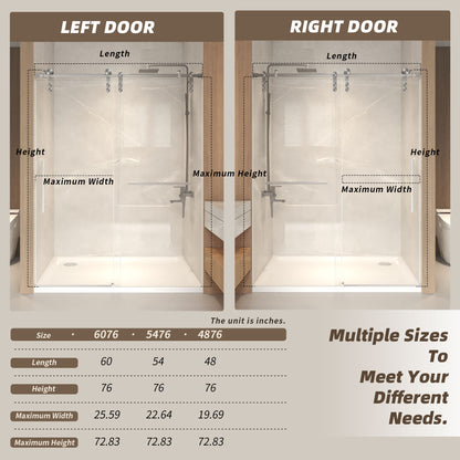 50-54" x 76" H Frameless Sliding Shower Door, 5/16" (8mm) Clear Tempered Glass, Stainless Steel Frame,Brushed Nickel image 9