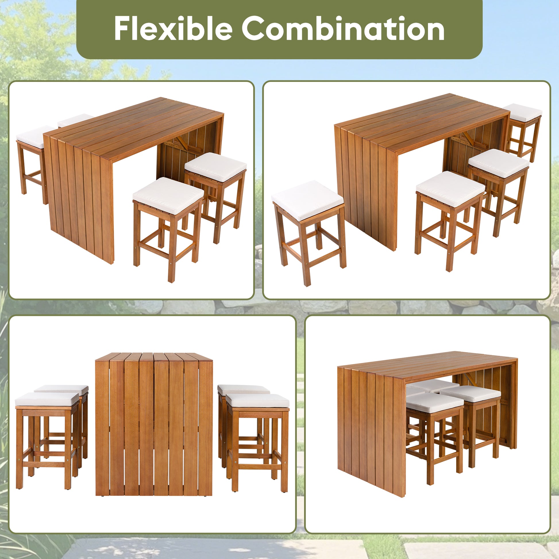 5 Piece Outdoor Bar Set, Patio Acacia Wood Bar Height Table & Four Stools with Cushions, Wood Dining Bar Set for Backyard, Poolside, Balcony, Beige Cushion and Natural Wood image 4