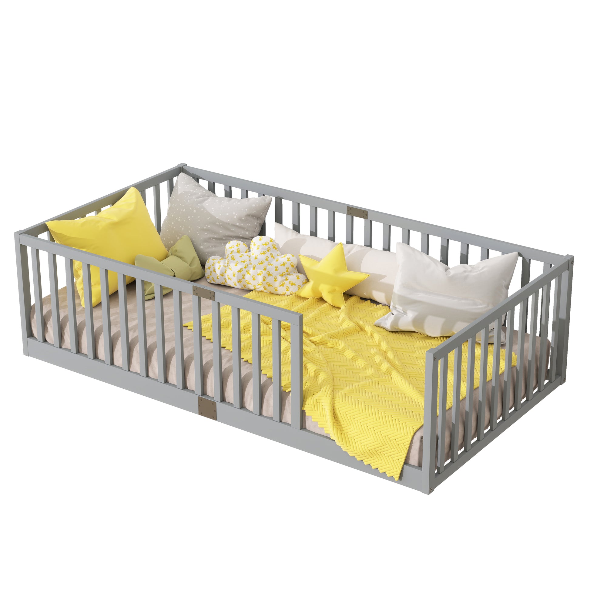 Twin Size Floor Bed with High Fence Railings, 6 Slats Included, Rubber Wood Floor Bed with Safety Guardrails, without Door,Grey image 7