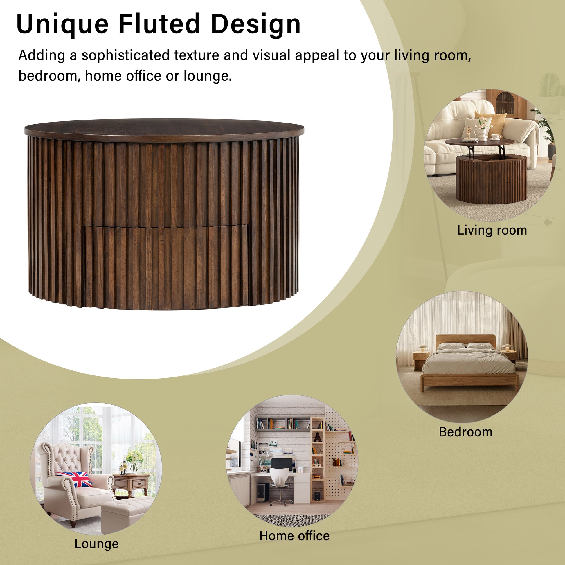 VIBE HAUS Round Lift Top Coffee Table, Modern Fluted Wood Accent Coffee Table with Hidden Storage for Living Room image 5
