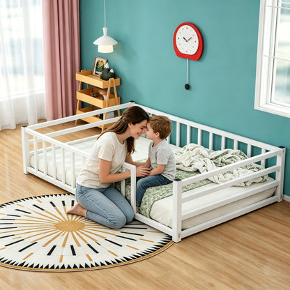 Full Size Floor Bed, Low Profile Metal Platform with Heavy Duty Guardrails, No Box Spring Needed, White image 7