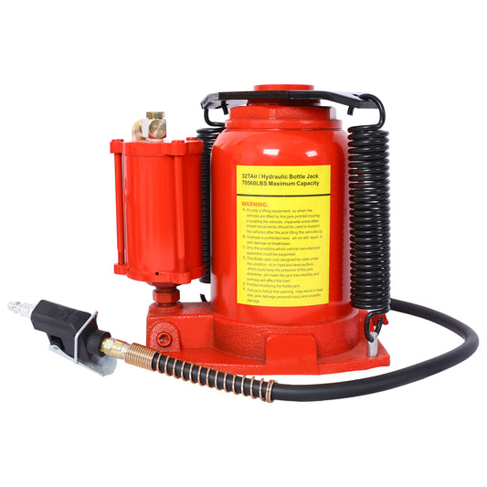 Air Hydraulic Bottle Jack, 32 Ton/70550LBS LBS All Welded Bottle Jack, 10-16.3 inch Lifting Range, Manual Handle and Air Pump, for Car, Pickup, Truck, RV, Auto Repair, Industrial Engineering,Red image 1
