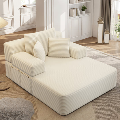 Luxurious Plush Corduroy Chaise Lounge with 3 Pillows, Convertible Sofa Bed with Storage Pocket, Frameless Design & Compression Foam for Small Spaces, Living Room, Apartment,Beige&White image 6