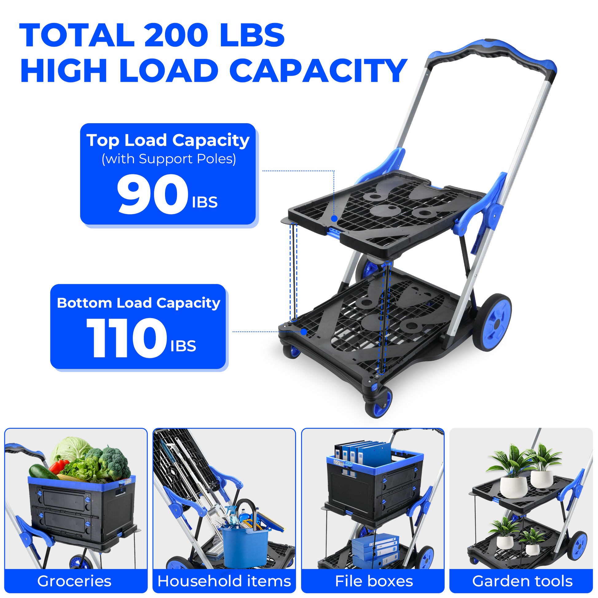 2-Tier Folding Cart Multi Use Functional Collapsible carts Shopping Trolley with Wheels Shopping Cart with Storage Crate Utility Cart for Groceries Warehouse Supermarket image 5