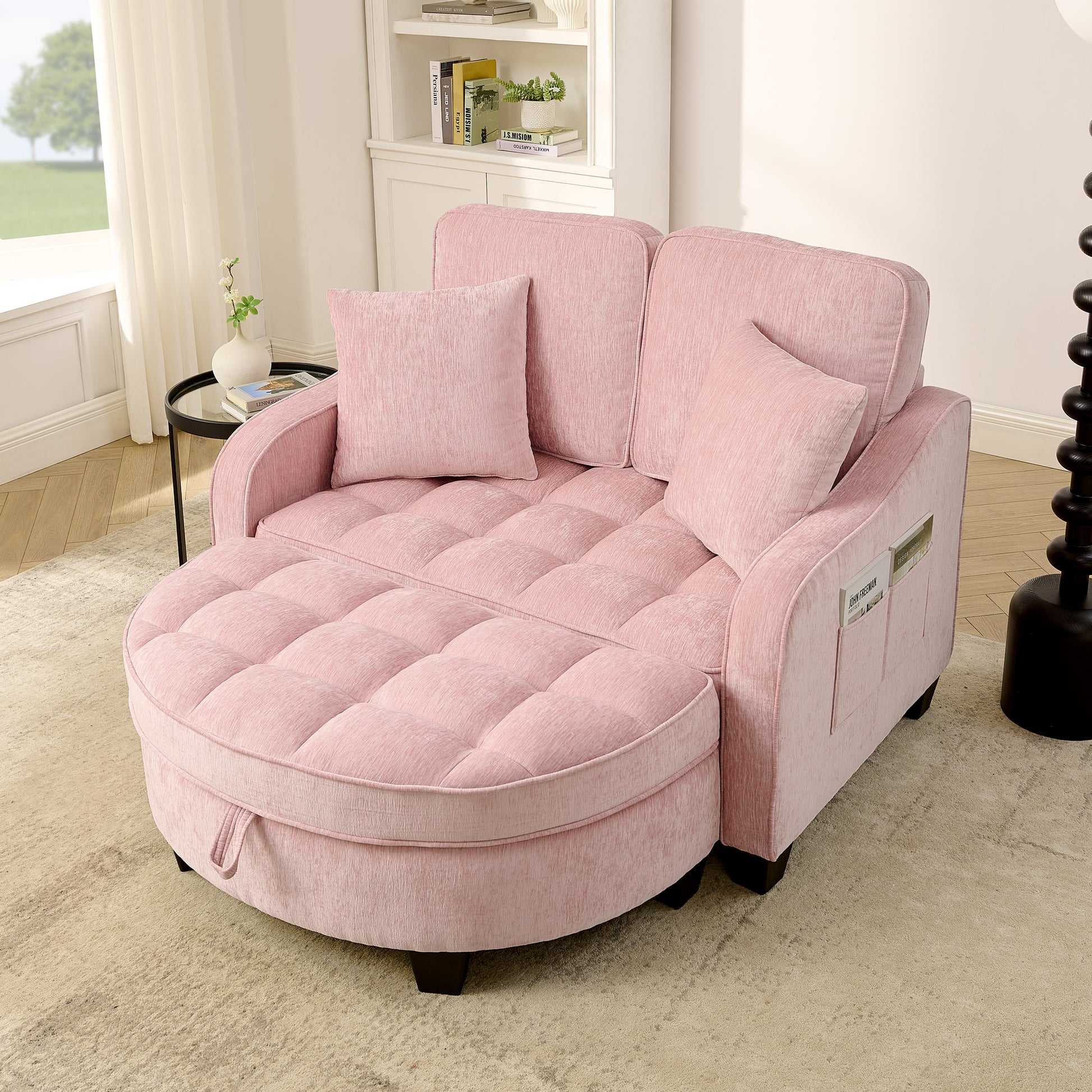 Two-seater sofa, double sofa chaise longue, with irregular armrests and backrests, footrest with storage space, comes with two small throw pillows, suitable for living room and bedroom -Pink image 1