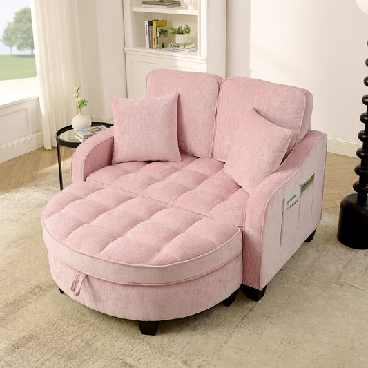 Pink corduroy two-seater sofa with storage footrest and throw pillows - front view