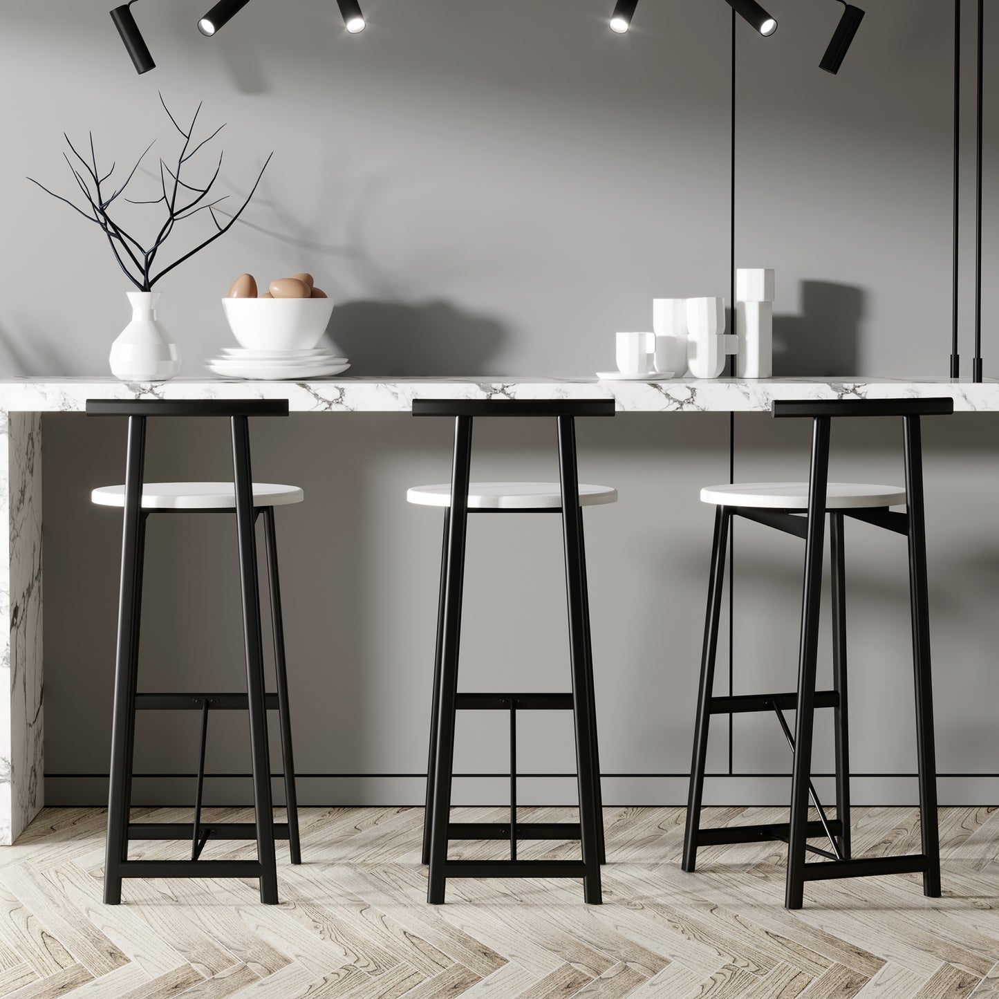 Bar Stools Kitchen Island Bar Chairs Set of 3 Metal Counter Barstools with Backrest for Dining Pub Room (Black & White) image 2