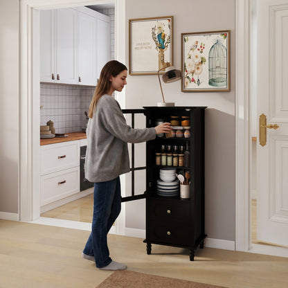 Black Tall Storage Cabinet with Glass Door & 2 Drawers, Narrow Freestanding Sideboard Buffet with Adjustable Shelves, Farmhouse Retro Pantry Cupboard for Dining Room, Living Room, Bathroom, Stud image 5