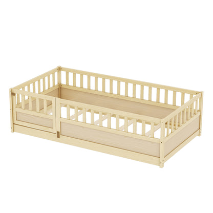 Twin Size Floor bed, integral construction with super high security barrier, door, children's floor bed frame, Montessori wooden children's floor bed, Support slat Natural Wood(Patented model) image 8