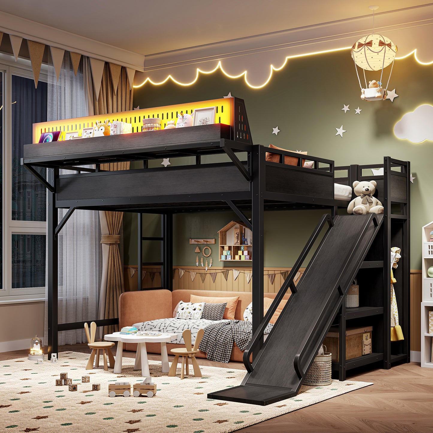 Queen Size Loft Bed with Slide, Storage Shelves and Built-in Wardrobe, Metal Loft Bed Frame with USB Ports and LED Lights, with Pegboard, Safety and Solid, Black image 5