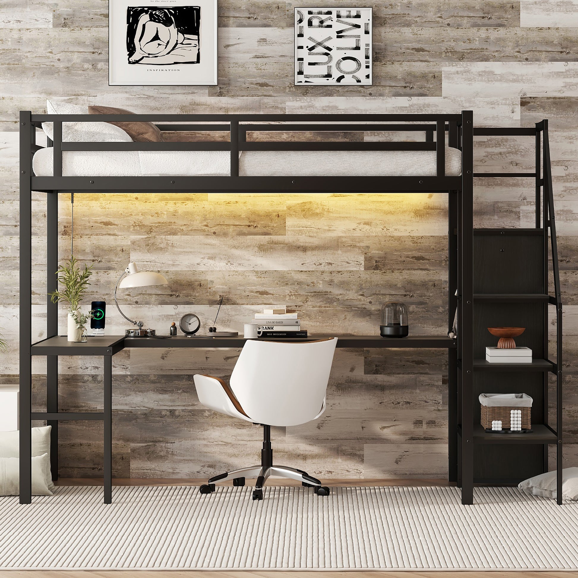 Twin XL Size Loft Bed with L-shaped Desk and USB, Metal Loft Bed with Wardrobe and Adjustable Shelf, High Loft Bed with LED for Kids Teens Adults, Black image 2